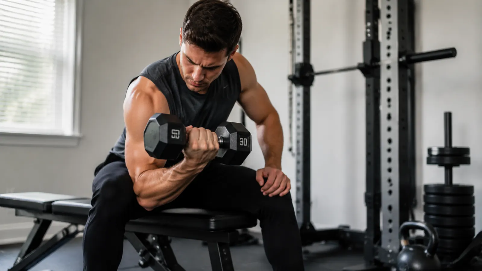 Person doing a seated dumbbell curl in a small home gym space with adjustable dumbbells