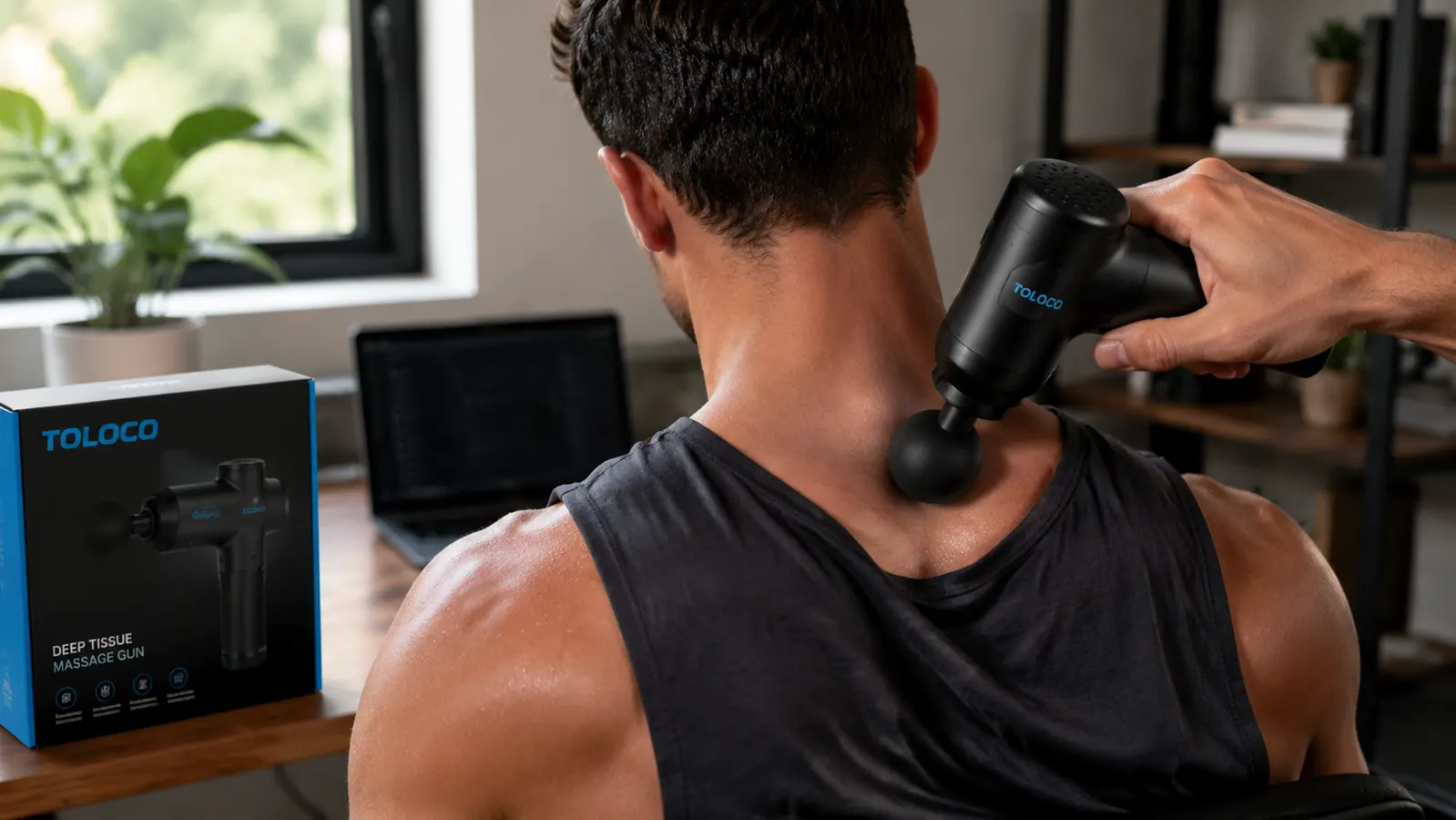 Close-up of a TOLOCO massage gun being held against a sore shoulder muscle