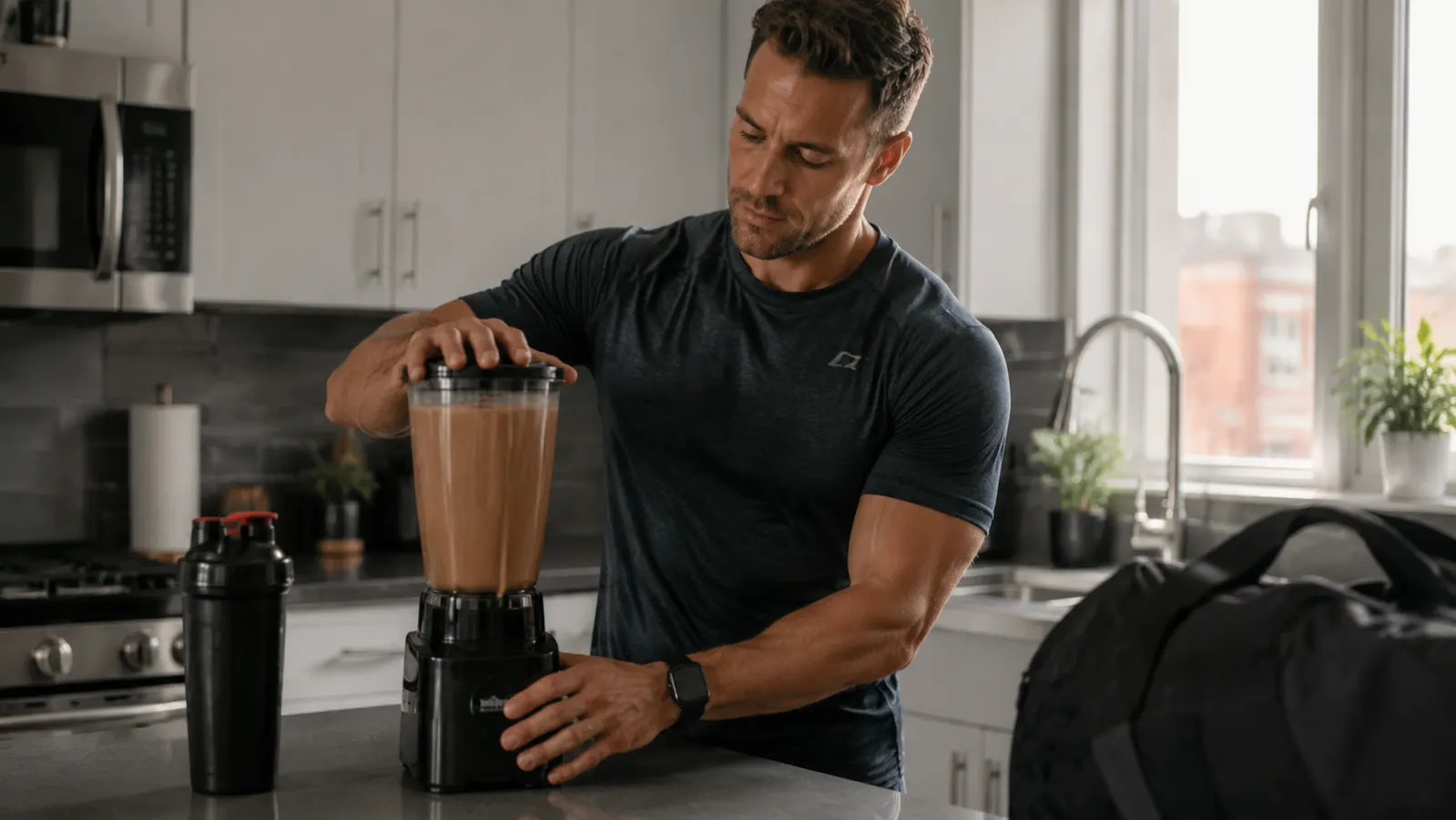 Person blending a plant-based protein smoothie at home in a bright kitchen after a workout