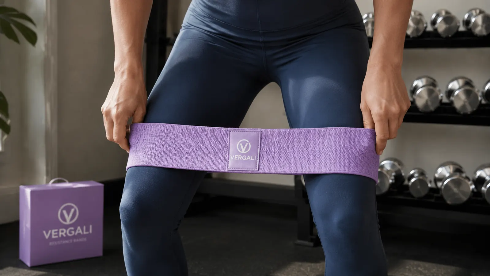 Close-up of Vergali resistance band looped above knees during a squat, showing the band staying flat against skin