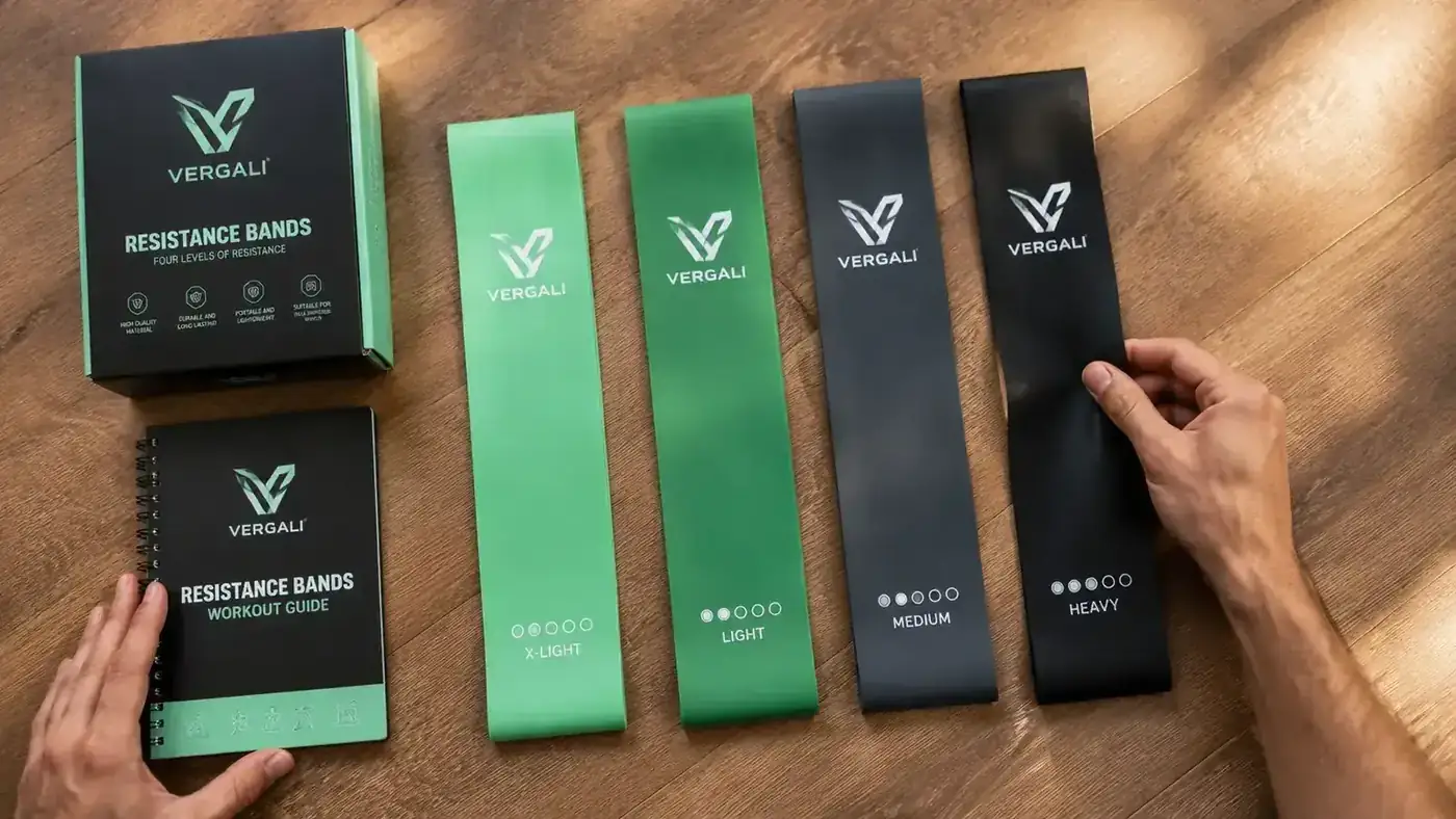 Vergali resistance band set laid flat showing all four band sizes on a wooden floor next to a workout guide booklet
