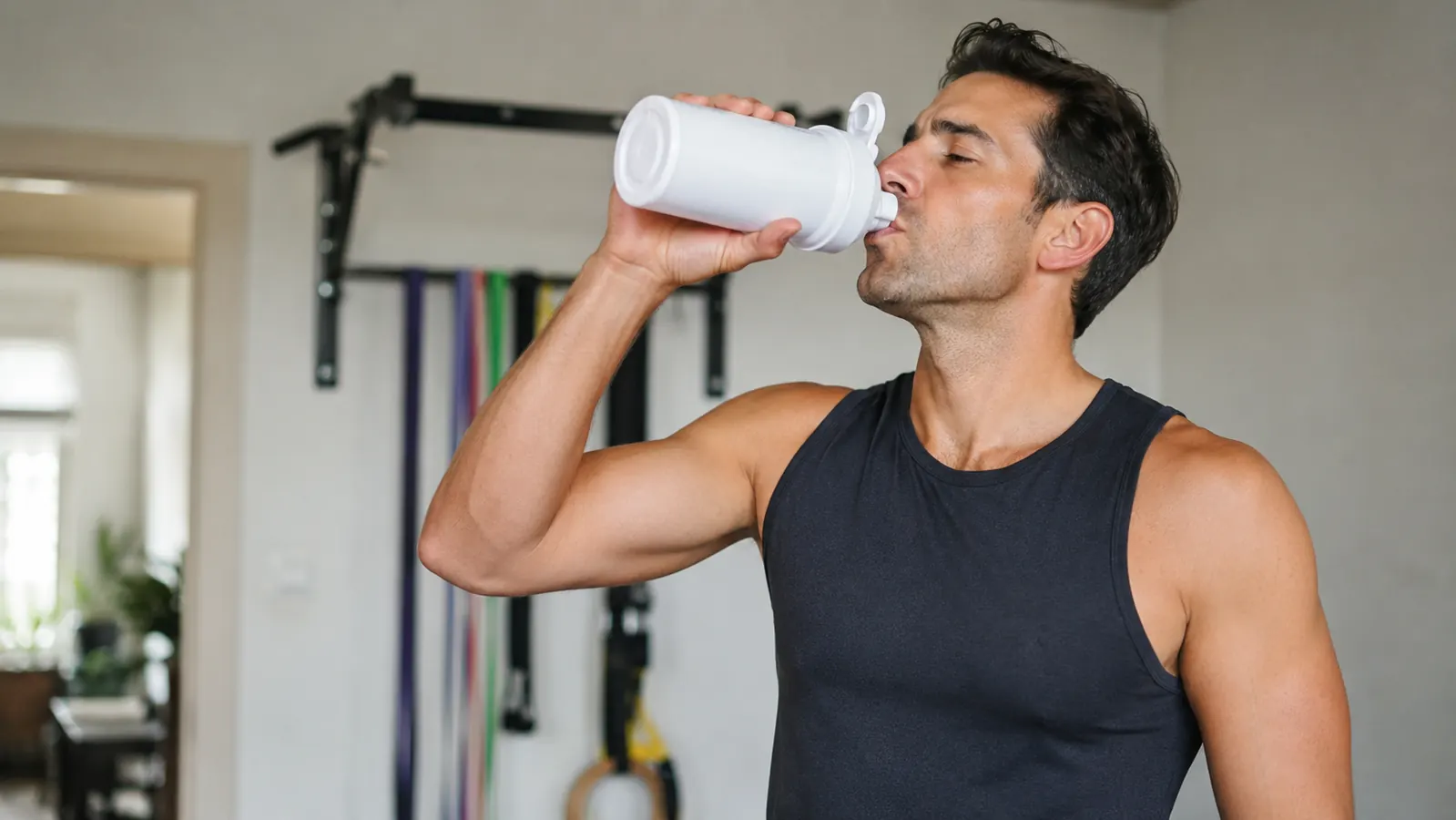 Athlete in home gym drinking from a shaker bottle after finishing a workout