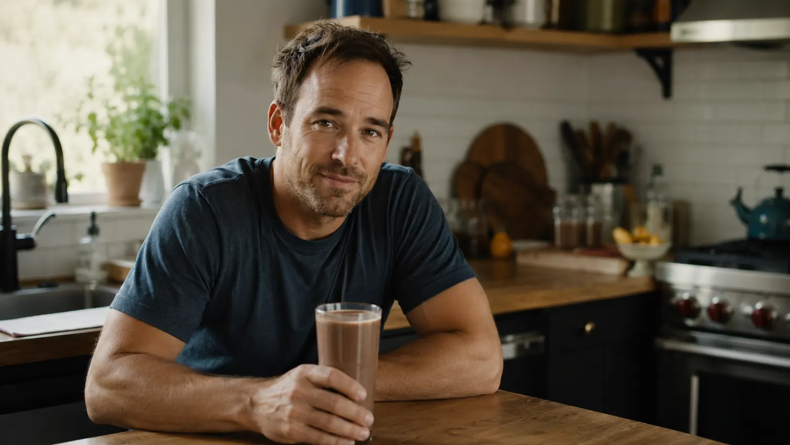 Person smiling while sitting at a kitchen table with a protein shake, relaxed morning atmosphere