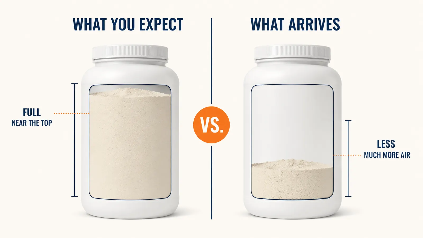 Side-by-side fill level comparison showing a full 5-pound container versus one that appears half-empty at purchase