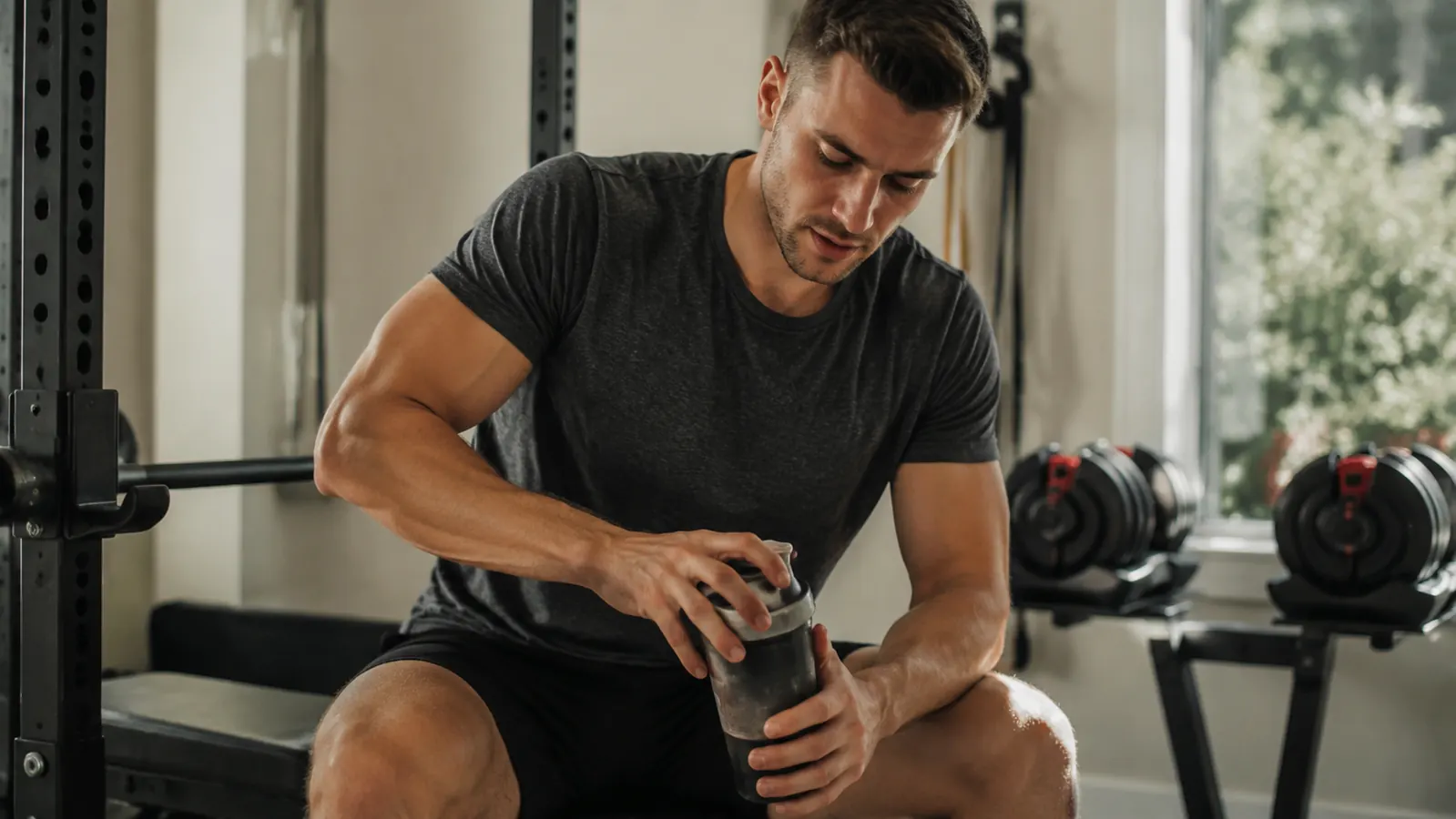 Person mixing a protein shake post-workout in a home gym, dumbbells visible in the background