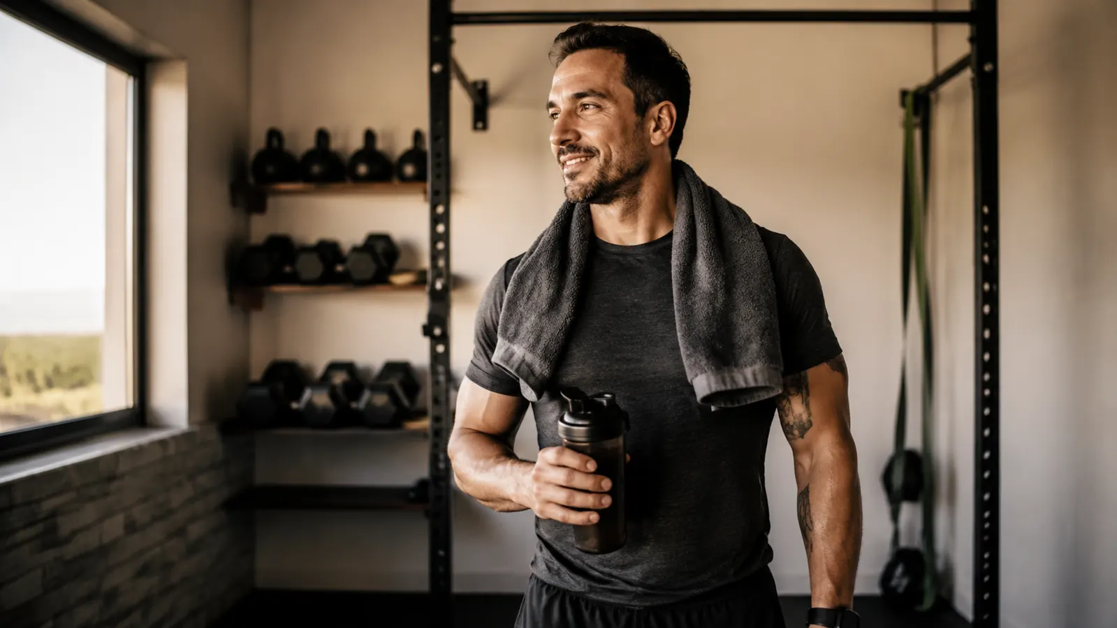 Person in a home gym setting drinking from a shaker bottle after finishing a workout session