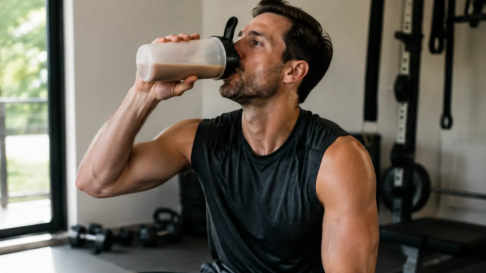 Person drinking a protein shake after a workout in a home gym setting