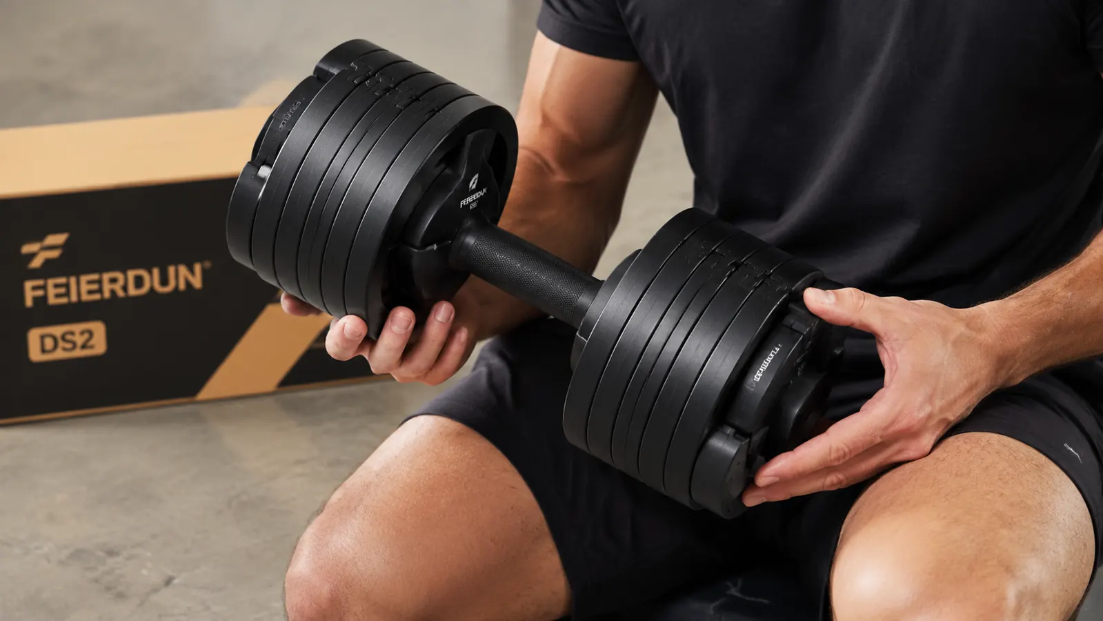 Hand inspecting the underside of a FEIERDUN DS2 adjustable dumbbell plate to check seating and alignment after being loaded to maximum weight