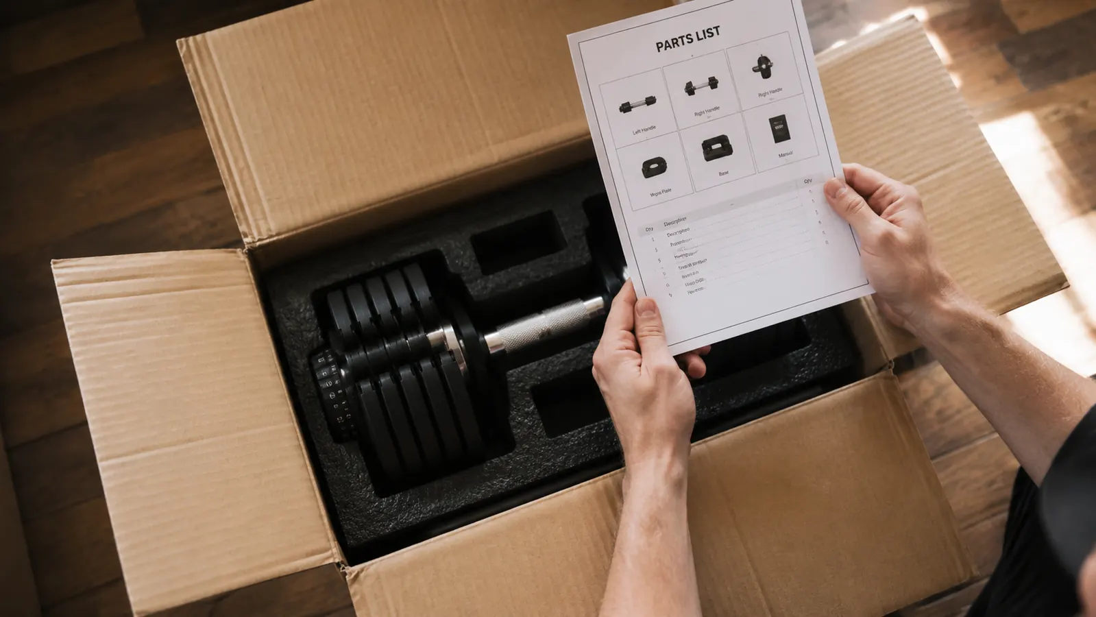 Opened shipping box showing FEIERDUN DS2 adjustable dumbbells packed in foam with the parts list visible, photographed from above