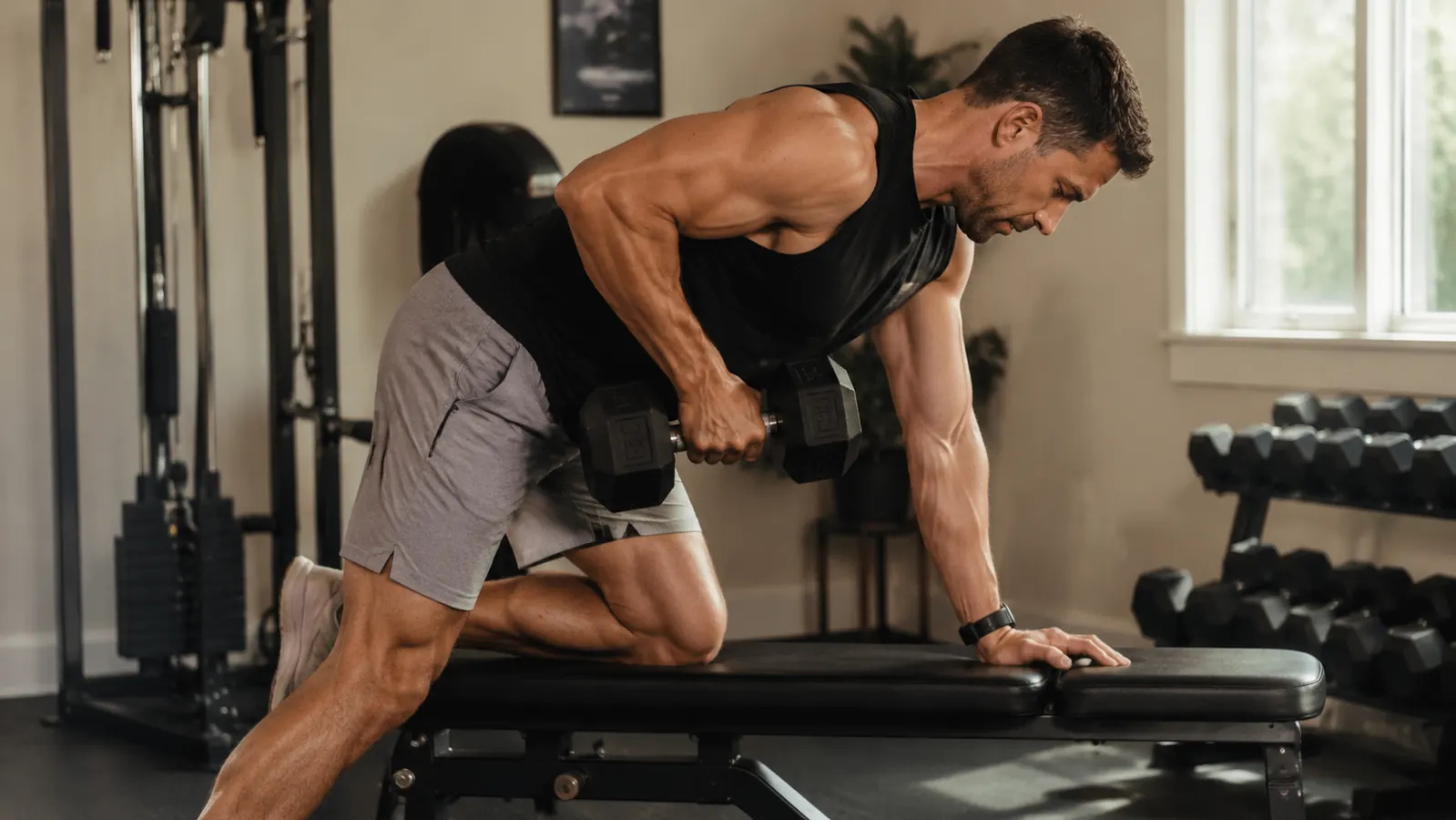 Person doing a single-arm dumbbell row in a home gym, one knee on a bench, using an adjustable dumbbell set at a heavier weight