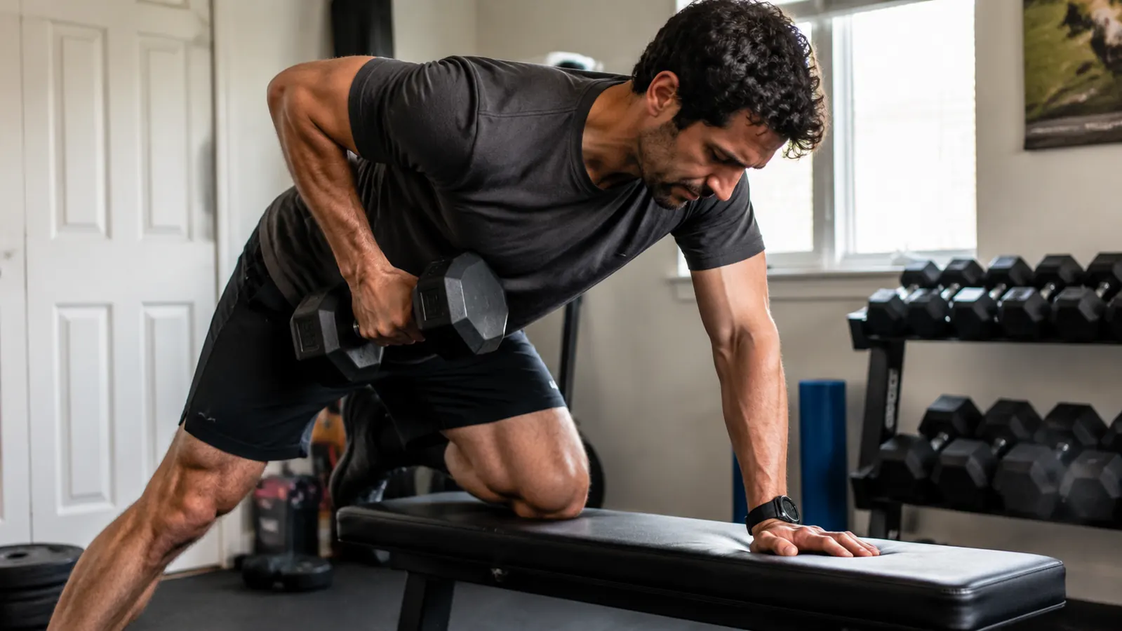 A person doing a dumbbell row in a small spare bedroom converted to a home gym, minimal equipment visible