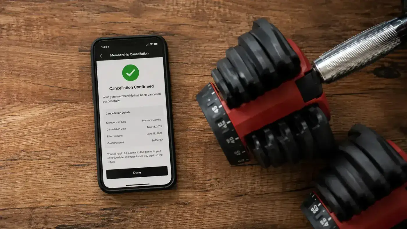 A monthly gym membership cancellation confirmation on a phone screen next to a set of adjustable dumbbells