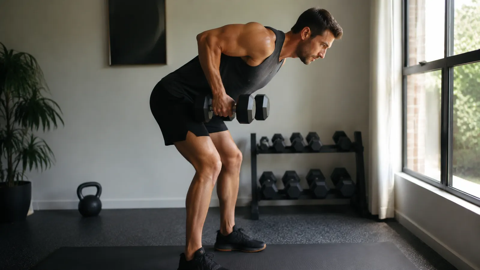 Person performing dumbbell rows in a compact home gym with adjustable dumbbells