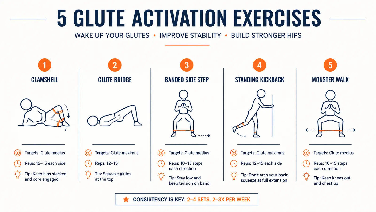 Diagram showing five glute activation exercises in sequence with band placement markers
