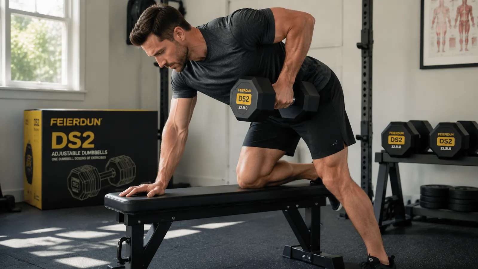 Person performing a single-arm dumbbell row on a flat bench in a home gym setting