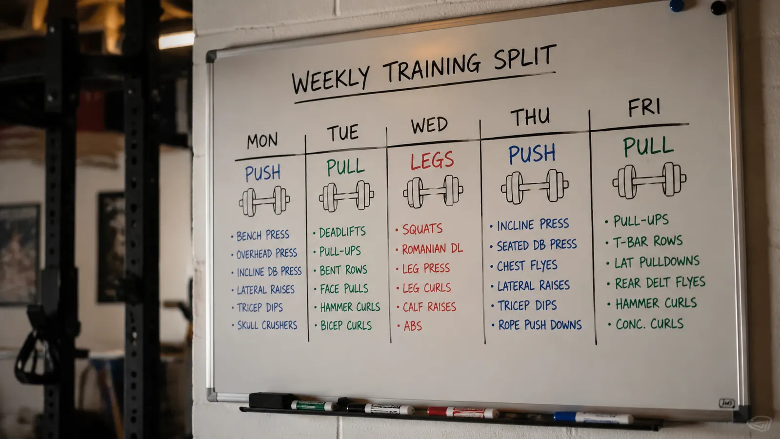Weekly workout split written on a whiteboard with dumbbell icons for push, pull, and leg days