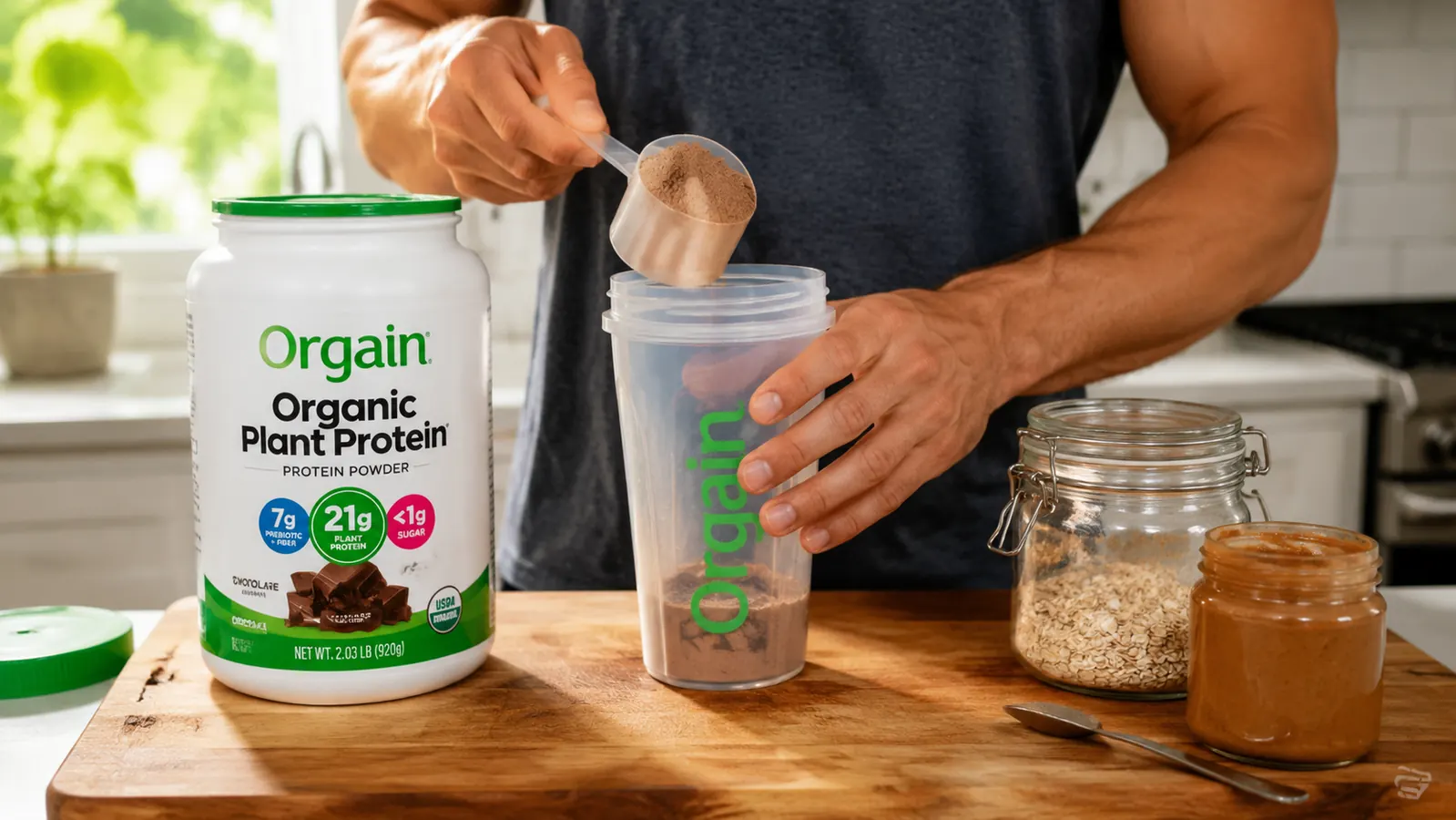 Scoop of Orgain Organic Vegan Protein powder being added to a shaker bottle surrounded by whole food ingredients like oats and nut butter