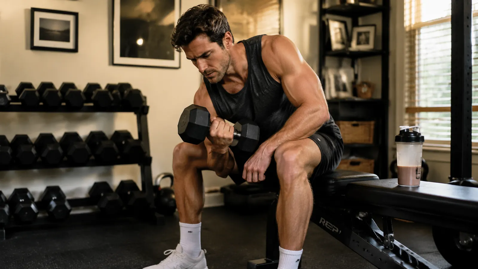 Person doing dumbbell curls at home while a protein shake sits on a nearby bench