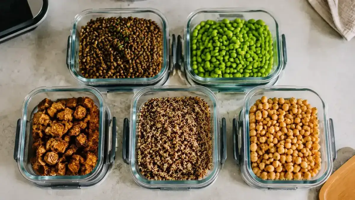 Meal prep containers with plant-based high-protein foods like lentils, tempeh, and brown rice lined up on a counter