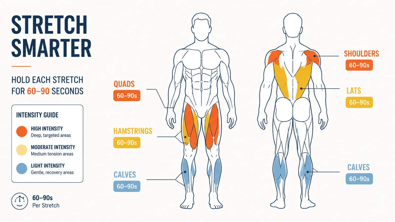 Diagram showing correct massage gun pressure zones on the back, shoulder, quad, and hamstring with labeled timing per zone