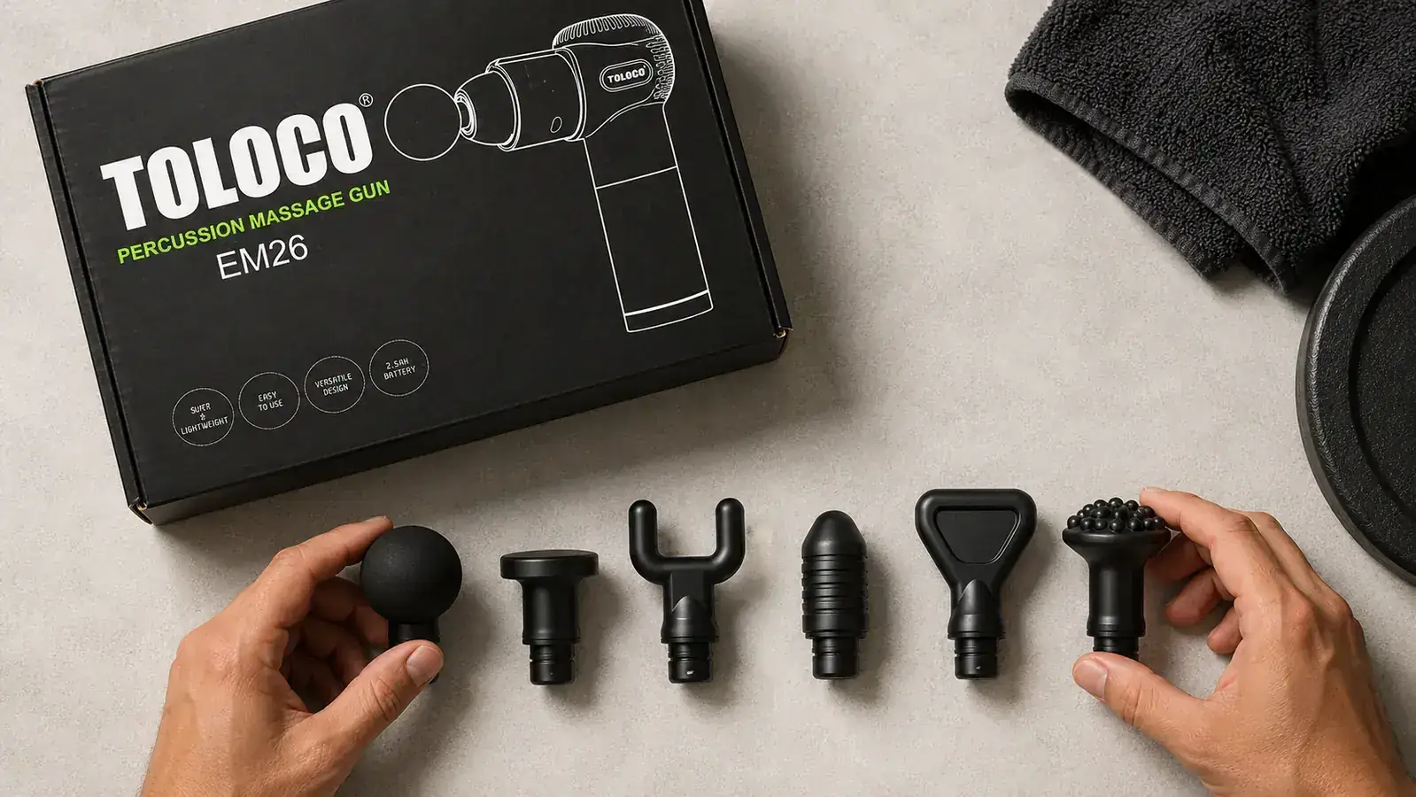 Array of massage gun attachment heads laid out on a flat surface showing different head shapes for different muscle groups