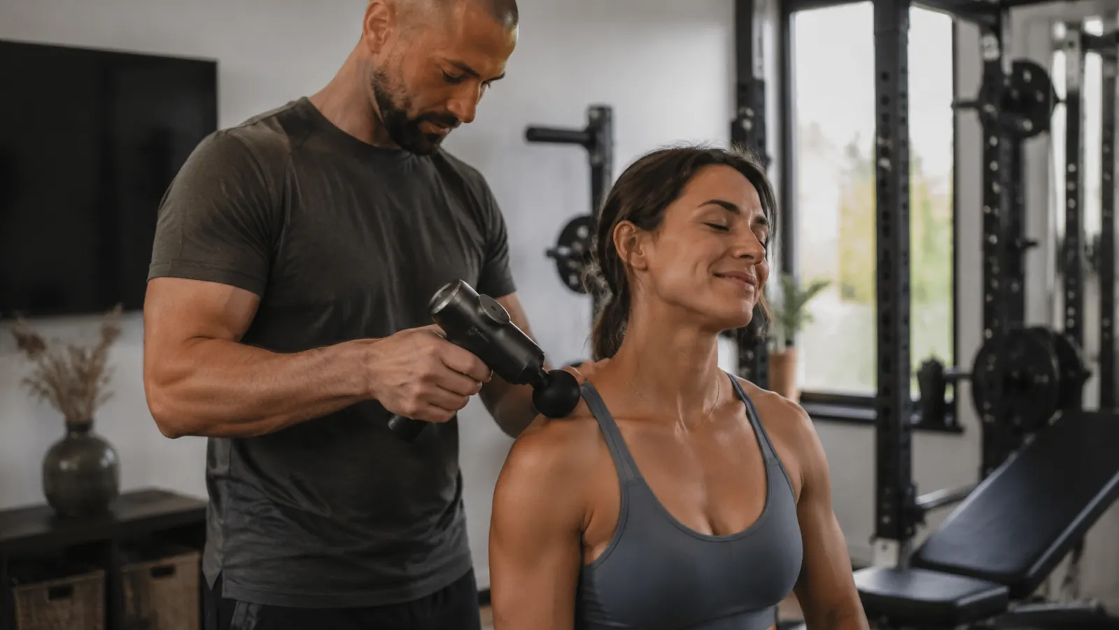 Person using a massage gun on their upper back and shoulder area with help from a spotter in a home gym setting