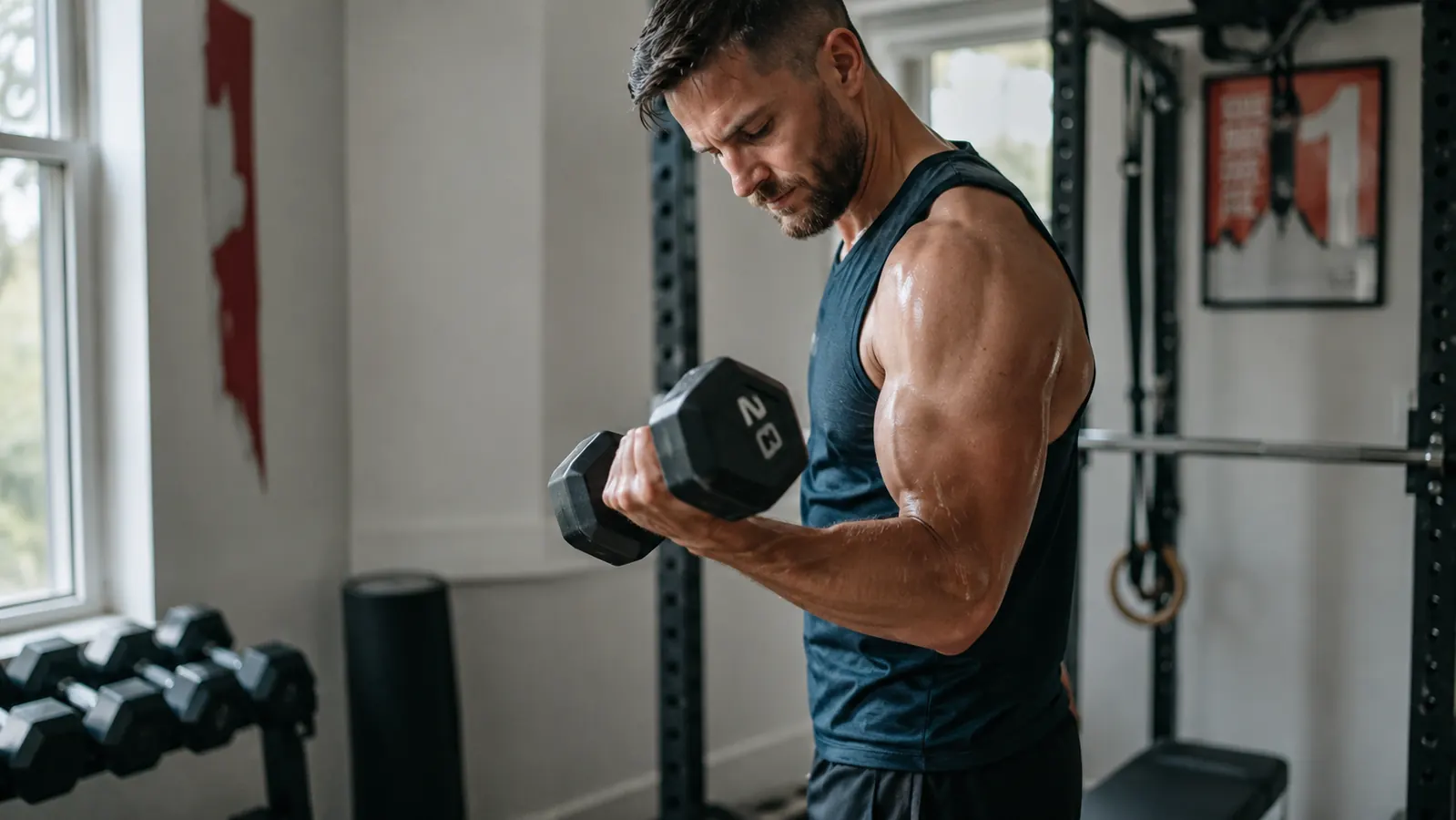 Man doing dumbbell curls in a home gym after a workout