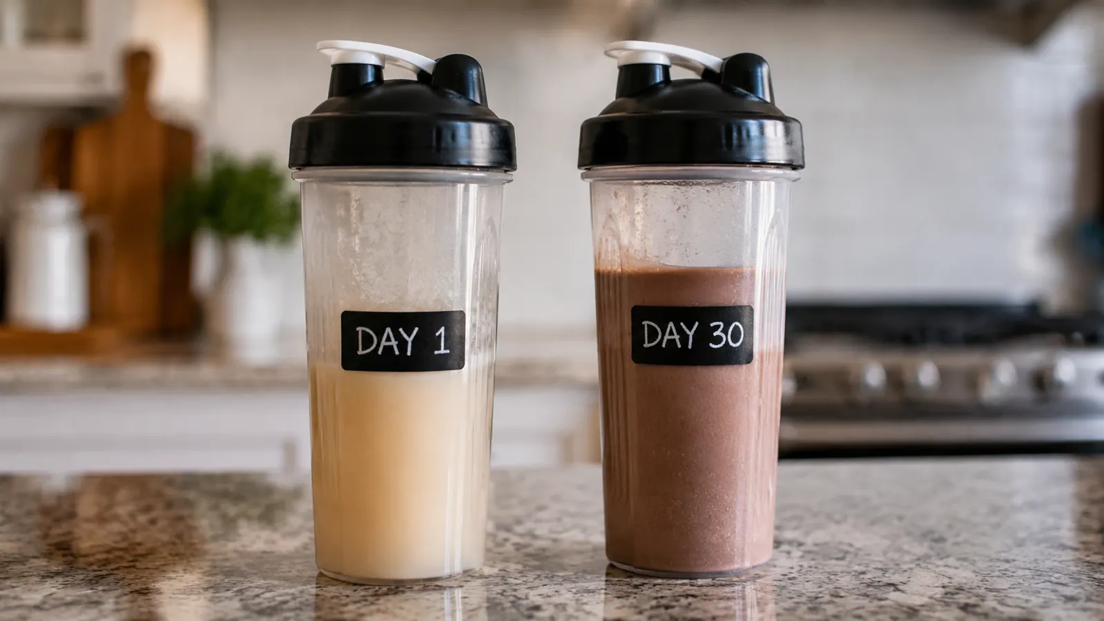 Two protein shakers side by side representing a 30-day comparison
