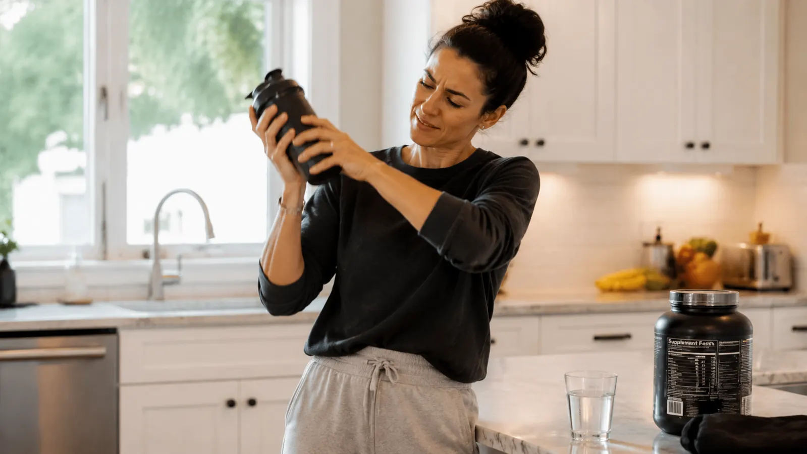 Person mixing a protein shake in a kitchen, shaker bottle being shaken with visible foam