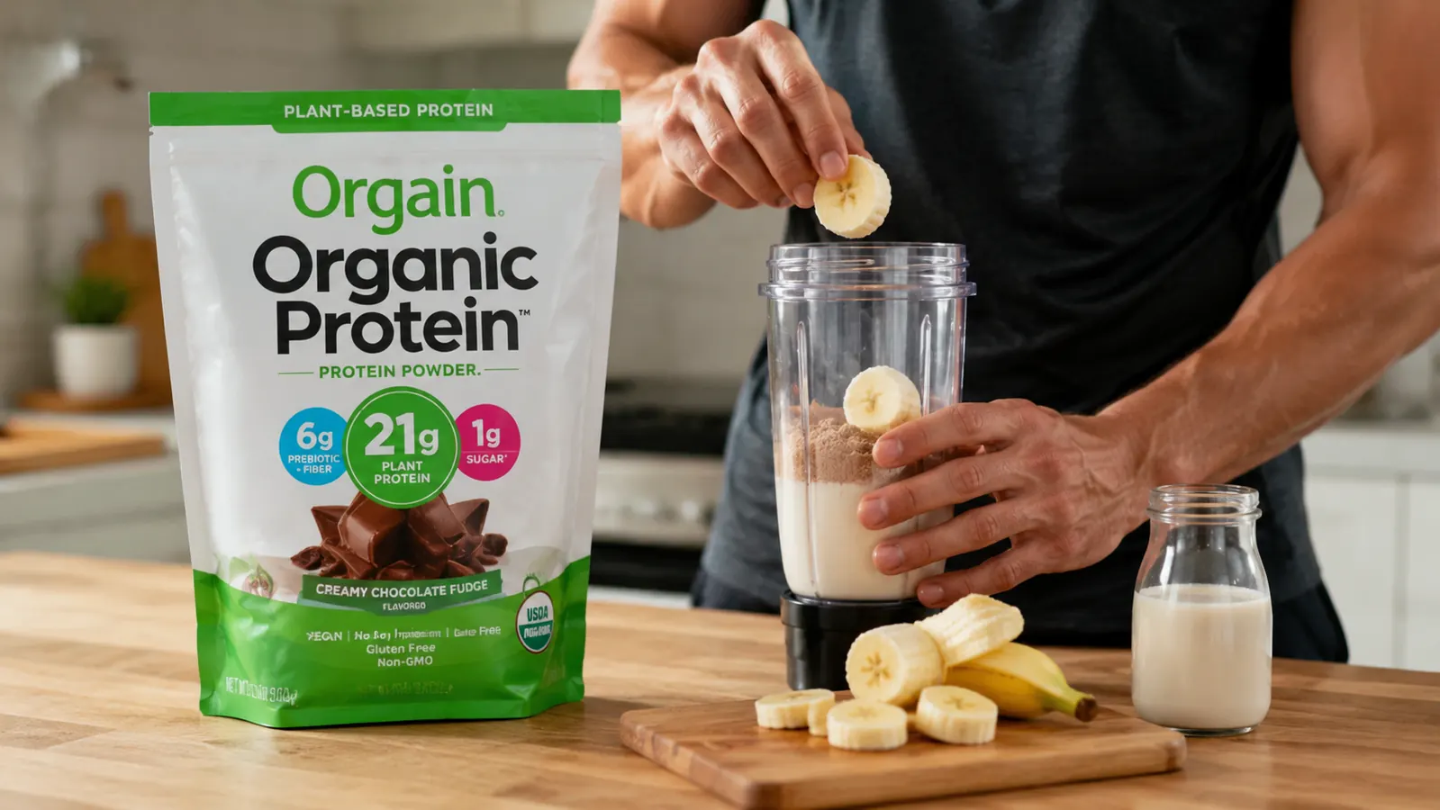 Orgain protein bag next to a blender and a measuring cup showing a thicker smoothie preparation method