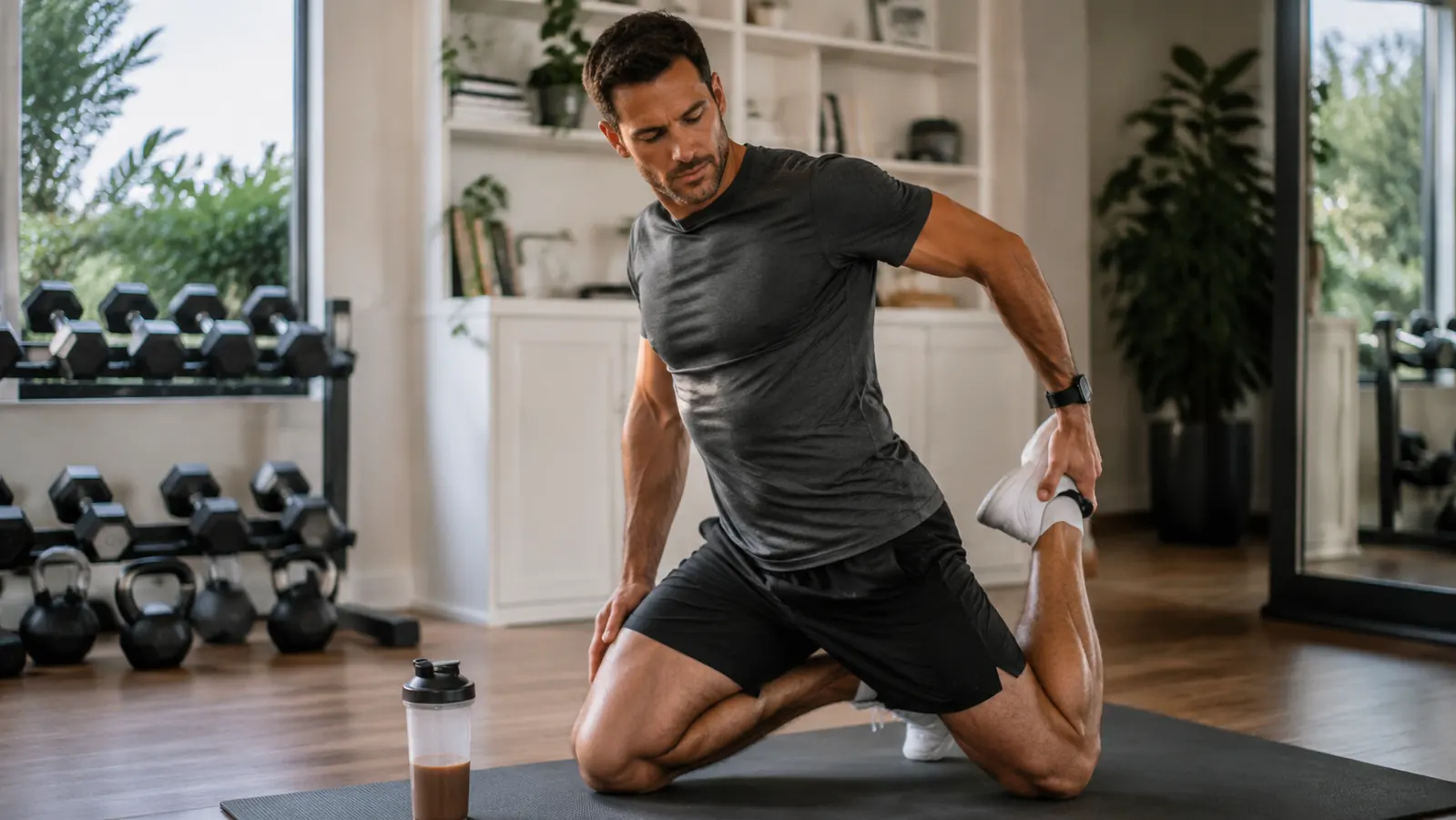 Person doing a post-workout stretch on a yoga mat with a protein shake on the floor nearby
