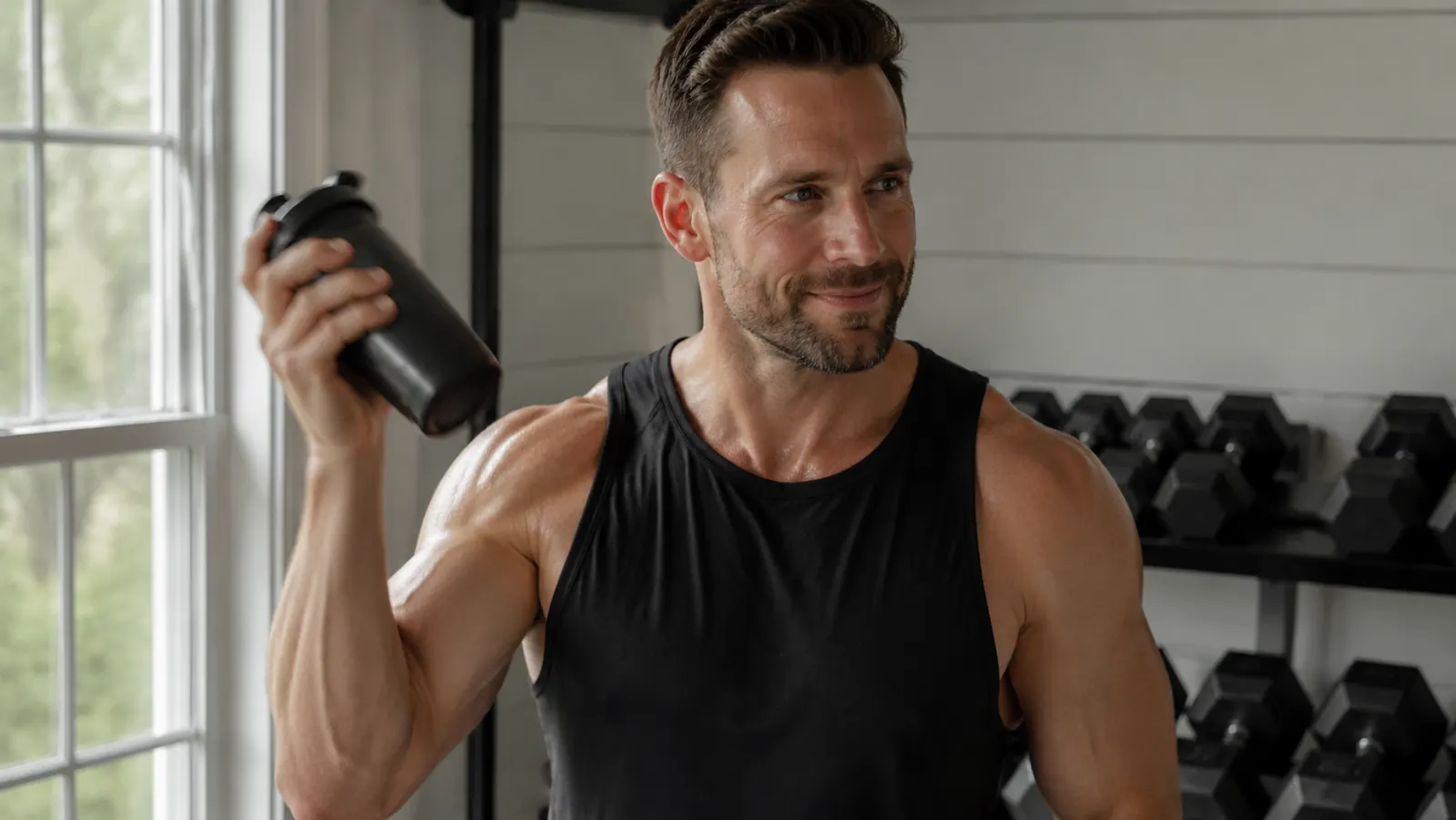 Person mixing a protein shake in a shaker bottle after a home gym workout with dumbbells visible in background