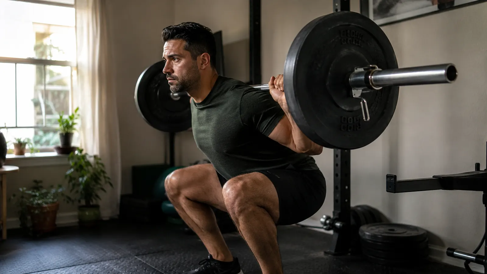 Person doing a barbell squat in a home gym, strong and confident posture