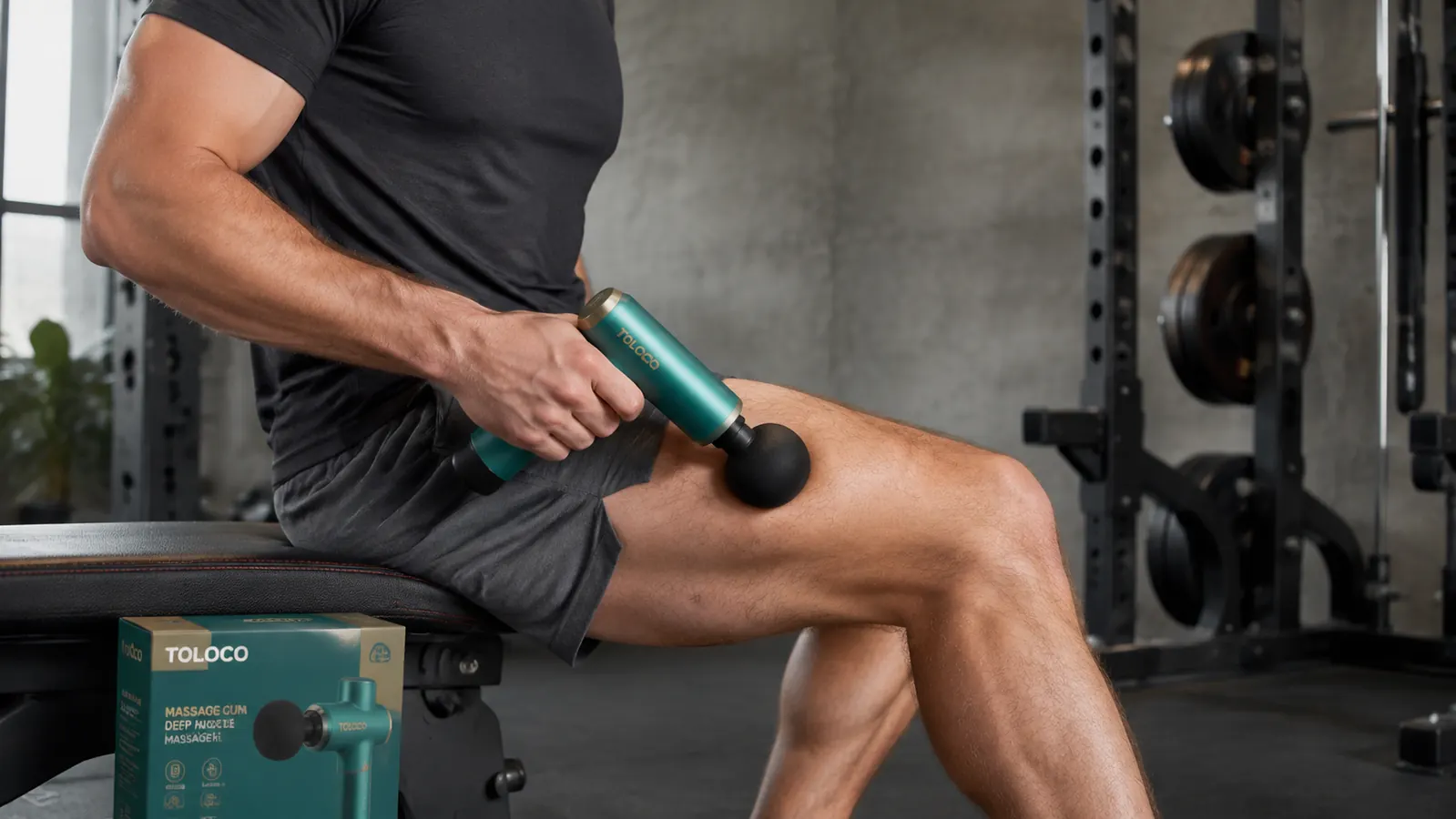 Hand holding TOLOCO massage gun applying the round ball attachment to a quad muscle
