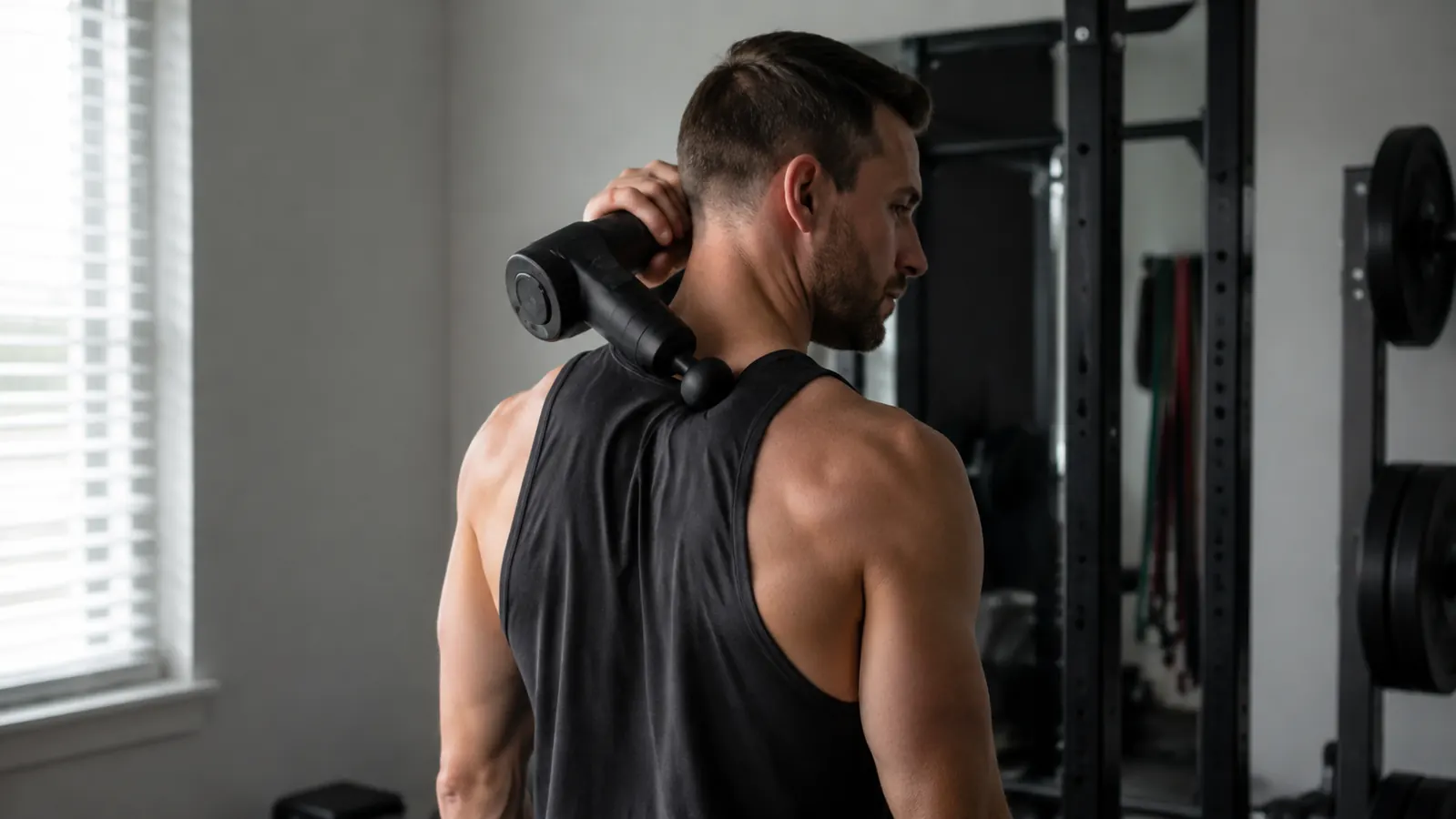 Person using massage gun on shoulder with proper angle, gym setting