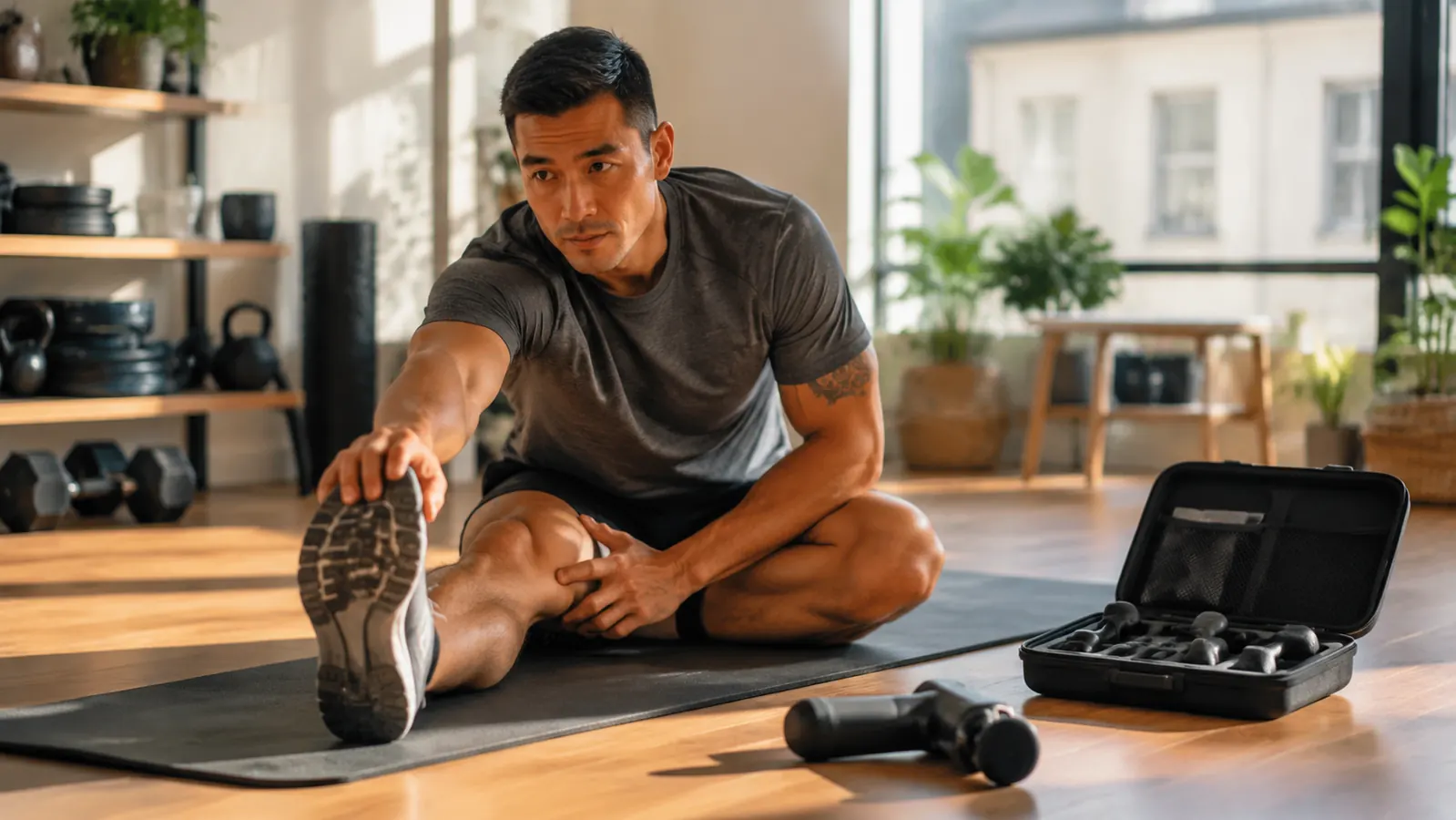 Person stretching hamstrings on a yoga mat with the TOLOCO massage gun and attachment set laid out beside them