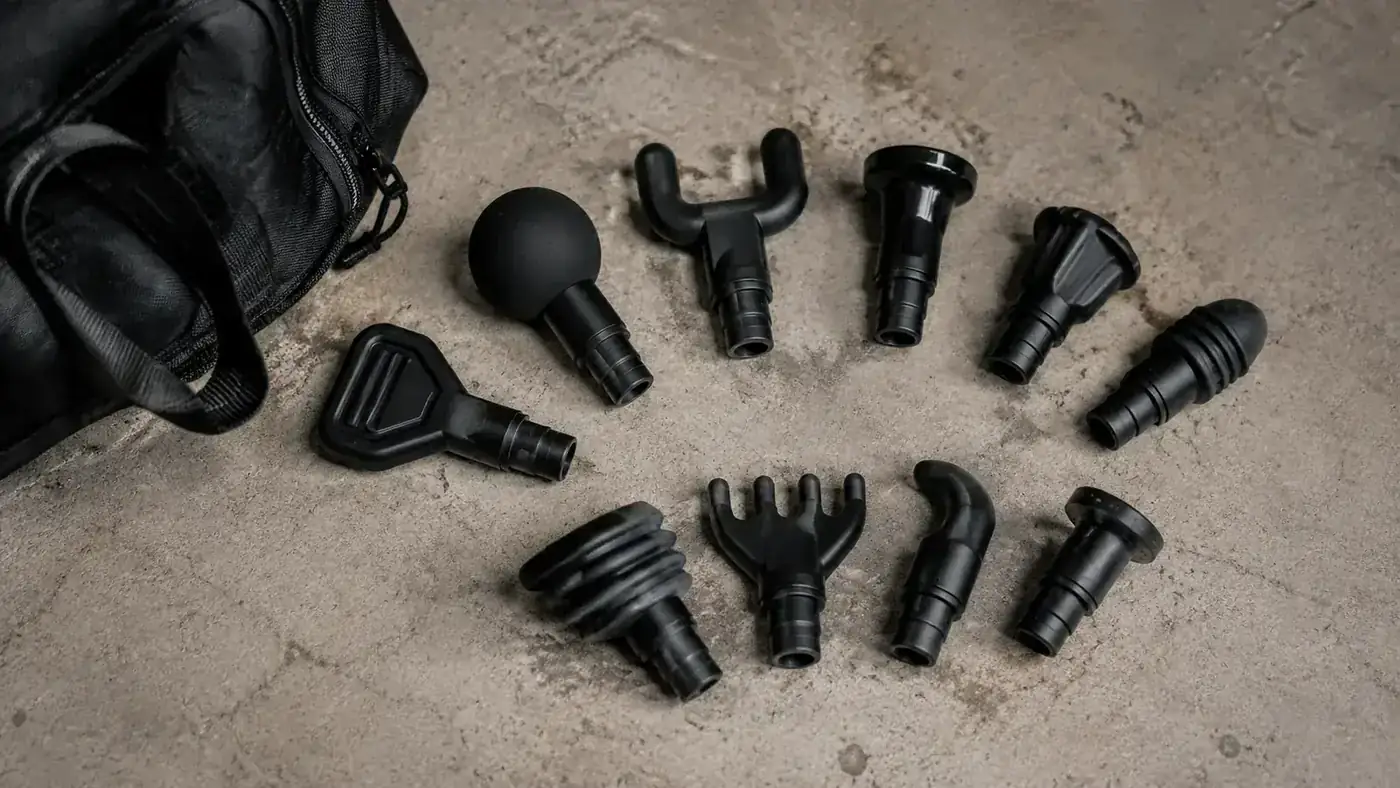 Massage gun attachments fanned out on a flat surface next to a gym bag
