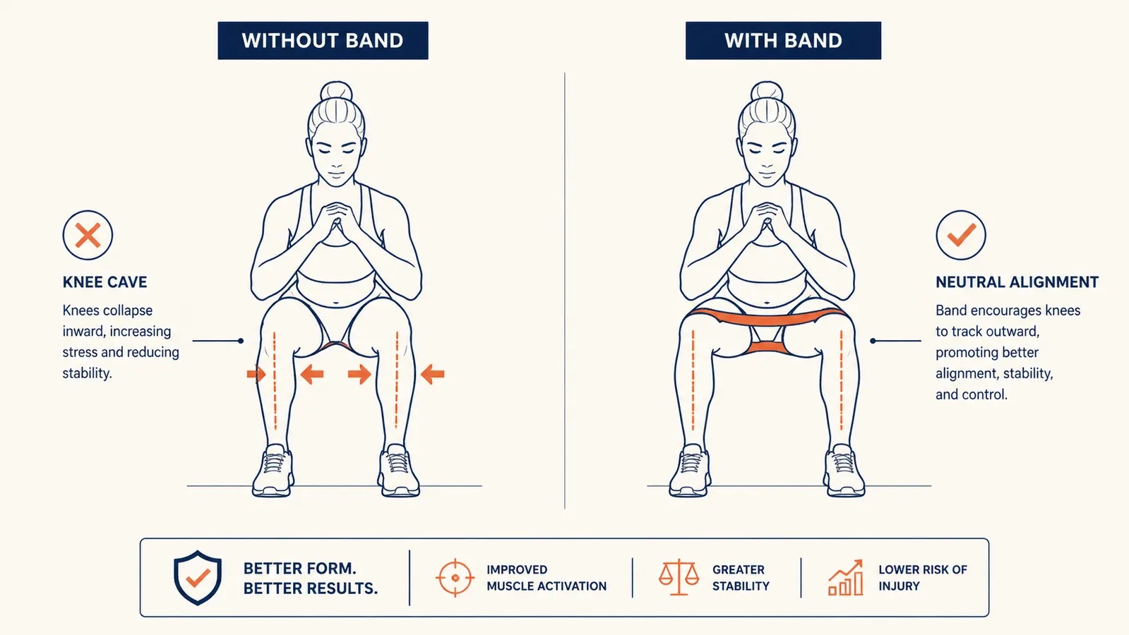 Side-by-side view of squat form without band vs squat form with band above the knees showing knee tracking improvement