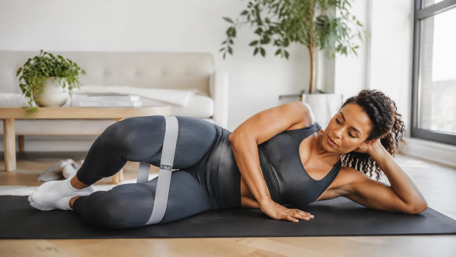 Woman performing a banded clamshell exercise on a yoga mat with resistance band around thighs